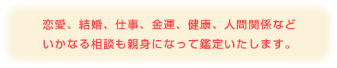 恋愛、結婚、仕事、金運、健康、人間関係などいかなる相談も親身になって鑑定いたします。